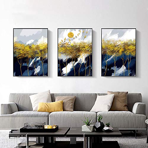 Toile abstraite grand format 50x70 cm lot de 3 tableaux arbre jaune pour décoration haut de gamme