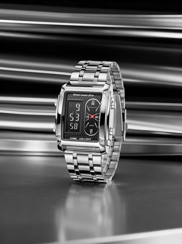 Image of Giordano Analog-Digital Quartz Watch for Men with LED Light, 3-Time Display, Date Function, 30M Water Resistance & Stainless Steel Strap