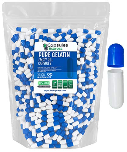 Capsules Express- Size 00 Blue and White Empty Gelatin Capsules 1000 Count - Kosher and Halal - Pure Gelatin Pill Capsule - DIY Powder Filling