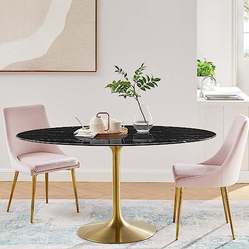 Image of Modway Lippa Oval 60 inch Artificial Marble Mid-Century Modern Dining Table, Gold Black
