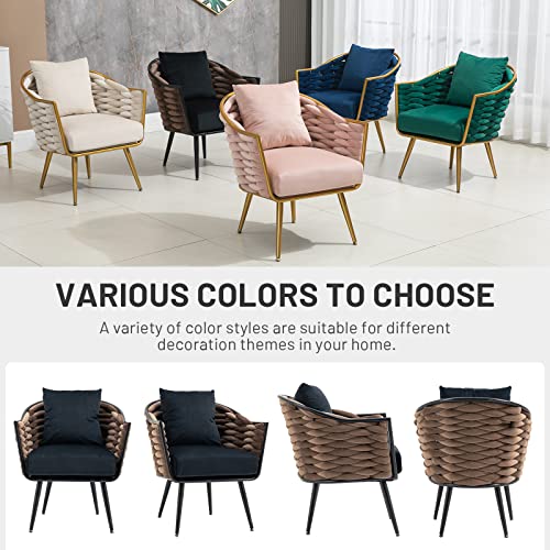 Nioiikit Modern Velvet Accent Chair With Arms, Upholstered Hand Woven Lounge Chair With Pillow, Luxury Armchair, Vanity Chair For Living Room, Bedroom, Office (Black) #TOP5