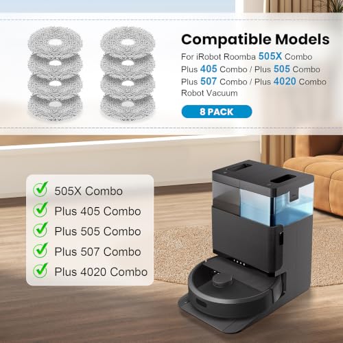 Image of 8 Pack Replacement Mop Pads Compatible with iRobot Roomba 505X Combo, Plus 405 Combo /505 Combo /507 Combo /4020 Combo Robot Vacuum Cleaners, Reusable & Washable Microfiber Mop Cloth Refill