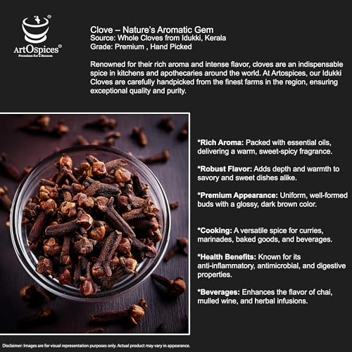 Image of ArtOspices Premium Whole Cloves (Laung / Grambu) 65g | Sourced from Idukki, Kerala | Strong Aroma & High Natural Oil Content | Handpicked & Fresh Dried | For Cooking, Baking, Chai & Wellness | Glass Jar