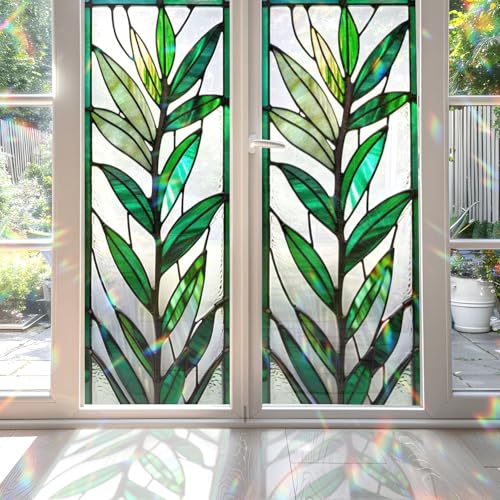 Zamioculcas Zamiifolia Stained Glass Window Film, Decorative Zamioculcas Zamiifolia Stained Glass Window Film, ZZ Plant Stained Glass Window Film for Bathroom Door Heat Anti UV RF04