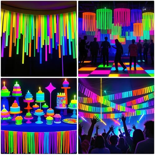 Image of Neon Crepe Paper Streamers, 2.2 inch x 123 Ft Per Roll Glow in The Dark Streamers 6 Rolls for Rainbow Birthday Party Wedding Decorations UV Blacklight Reactive Fluorescent Party Supplies