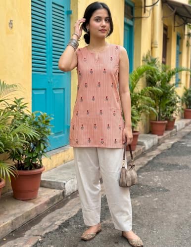 Image of Youthnic Women's Cotton Embroidered And Stripes Work Summer Wear Straight Kurti With farshi Salwar | Co Ord Set for Women Stylish | Office wear Kurta Set