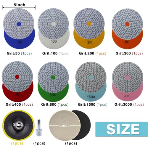 Image of 5 Inch Diamond Polishing Pads with 5 /8''-11 Hook & Loop Backing Pads, 10pcs Wet /Dry Concrete Polish Tools Kit for Drill, Grinder, Polisher, 50-3000 Grit Polishing Set for Marble Granite Quartz Stone