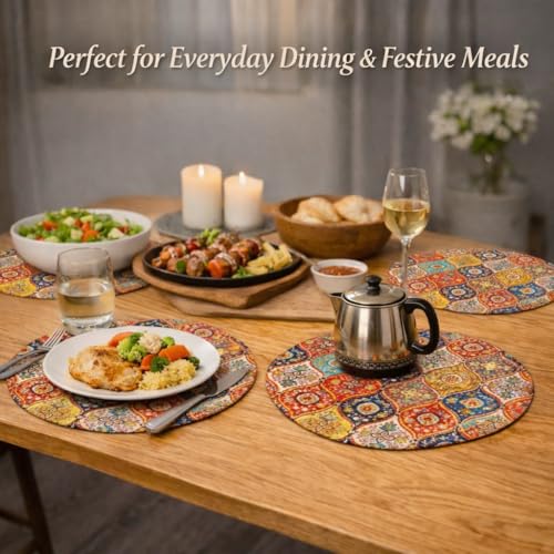 Image of Premium Round Cotton Dining Table Mats Set of 2 | Washable Heat Resistant Food Mat | Circular Dining Table Hot Plate Mats & Coaster for Hot Utensil (14-inch, Printed Mandala /Multicolour)