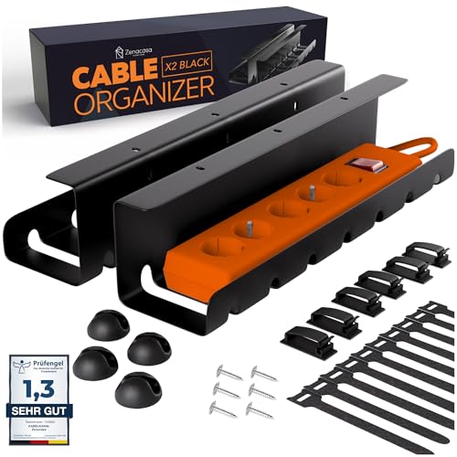 2er Set Kabelmanagement Schreibtisch Schwarz – Kabelkanal ohne Bohren zum Kabel verstecken – Mit Kabelwanne, Halter & Zubehör – Für saubere Kabelführung im Home Office, Büro & Gaming Setup