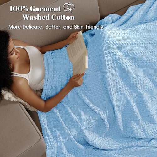 Image of PHF 100% Cotton Waffle Weave Blanket King Size for Bed, Soft Lightweight & Breathable for Spring and Summer, All-Season Comfort, Luxury Aesthetic Blanket for Home Decor, 108 inchx90 inch, Airy Blue