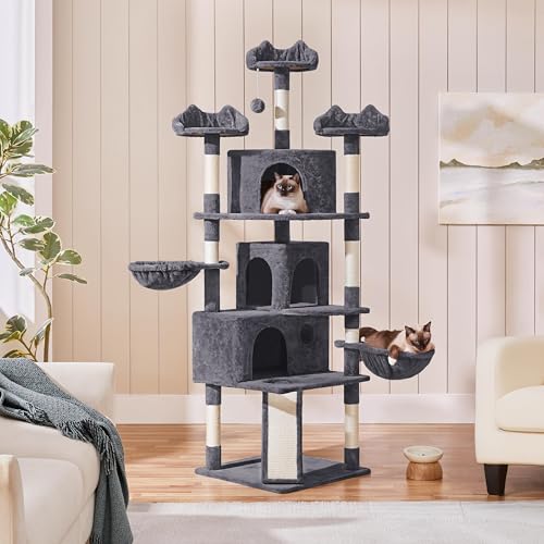 Yaheetech 76.5in Multi-Level Large Cat Tree, Big Cat Tower with 3 Condos, Cozy Plush Perches, 9 Sisal Scratching Posts and Ladder, Activity Center for Large Kitties, Dark Gray - Image 3