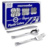 Stock Your Home 300 Piece Plastic Silverware Set, Looks Like Silver Cutlery - Solid, Durable, Heavy-duty Includes: 100 Forks, 100 Knives, 100 Spoons Perfect for Parties, Weddings & Catering Events