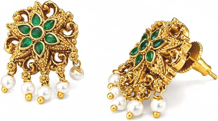 FASHIONS Traditional Matt Gold Plated Flower Design Green CZ Stone Pearl Stud Earring Hypoallergenic Lightweight Ear Studs Jewlery For Women & Girls