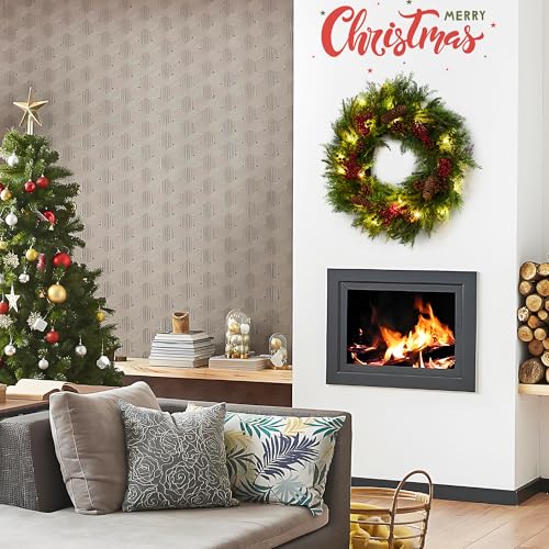 Garvee Christmas Wreath with Lights, 22 Inch Artificial Christmas Wreaths for Front Door, Battery Operated Xmas Wreath with Pine Cone and Berries, Christmas Decorations for Windows, Wall, Mantel