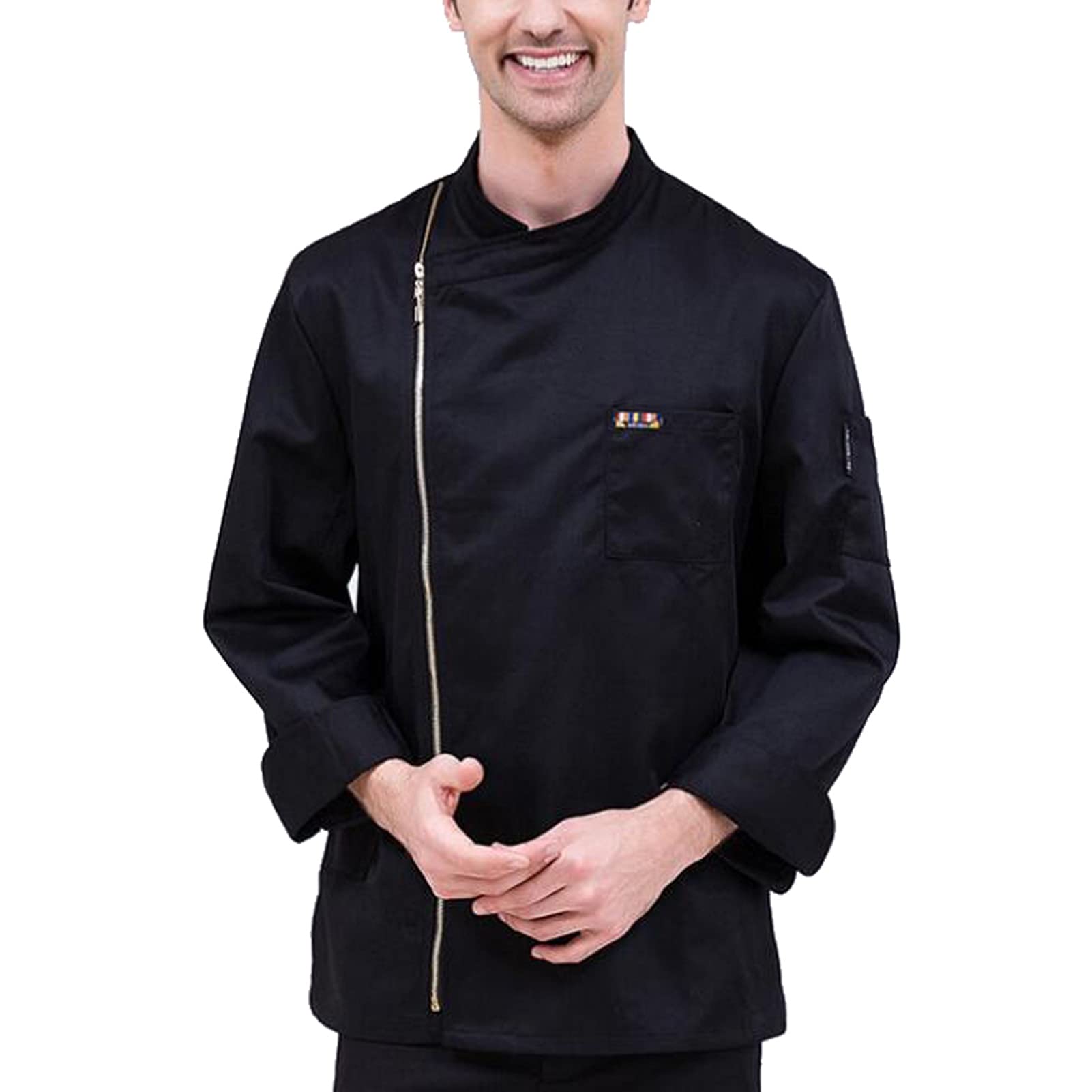 Płaszcz szefa kuchni Mężczyźni Kobiety Kurtka szefa kuchni Catering Jesienna tunika Odzież do pracy Ubrania Zamek Restauracja Mundurki Płaszcz Kobiety Kuchnia Odzież kucharska (kolor: czarny, rozmiar: