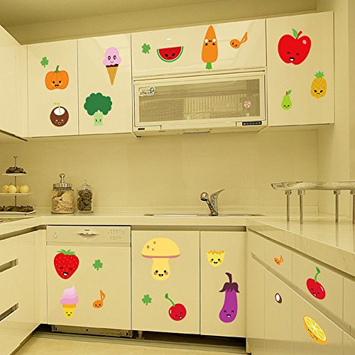 Bibitime Fruit Wall Decals Kitchen Art Stickers Strawberry Mushrooms Green Vegetables Pumpkin Watermelon Carrot Eggplant Cherry Orange Ice Cream Lockers Window Tile Decor #TOP5