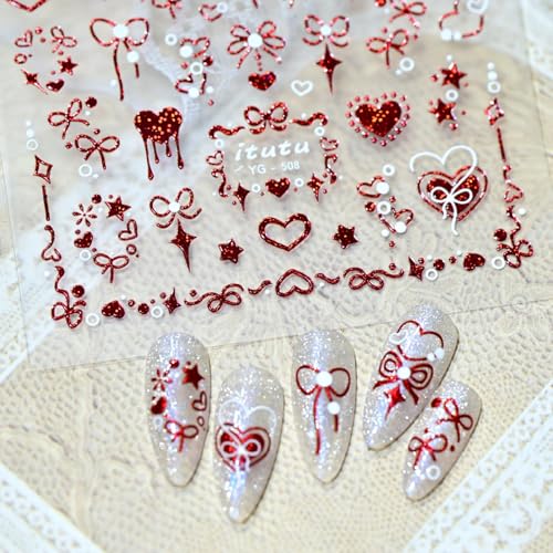 Image of 5D Embossed Valentines Nail Stickers Red Nail Art Stickers Heart Bow Glitter Shiny Design Nails Decals Self Adhesive for Women Manicure DIY Decoration Nails Art Supplies