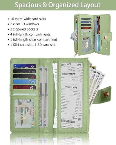 Image of Green Women's Trifold Wallet,Large Capacity RFID Long Wallet