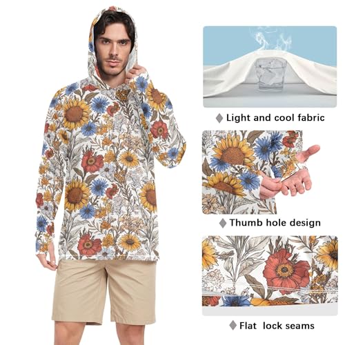 Retro Sunflower Zinnia Hyacinth White Mens Hoodies Shirts Long Sleeve Cooling Hoodies UPF 50 + Beach Shirt S4
