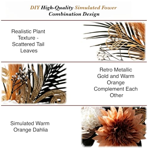 Image of Black Gold artificial flower bouquet,15pcs Fall Home Decor Floral Art | Silk Flowers, Include Palm Leaves,Pampas,Rose,for Living Room,Vase Center Filling,Office, Festival Decor (Vase Not Included)