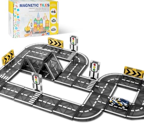 Magnetic Road Tiles Set, 41 PCS Magnetic Building Blocks with Car Toys,Magnet Race Track Tiles,STEM Magnet Building Blocks Toys for Kids Age 3-8,Boys Gifts,irthday Gifts
