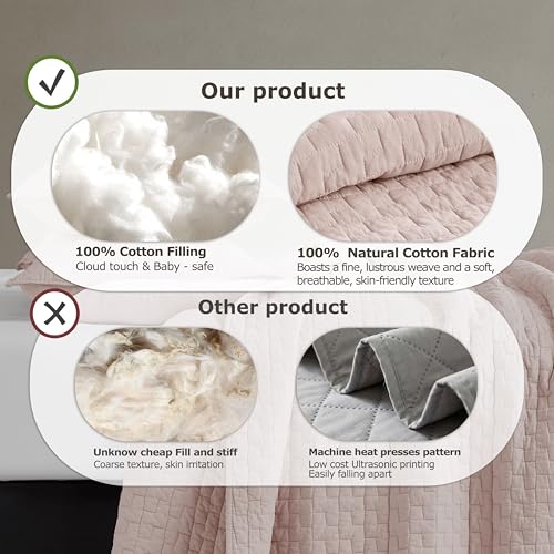 Image of palassio Pink 100% Cotton Quilt Queen Size Bedding Sets with 2 Pillow Shams, Textured Lightweight Soft Bedspread Shabby Chic Coverlet, Quilted Comforter Bed Cover for All Season, 3 Pieces
