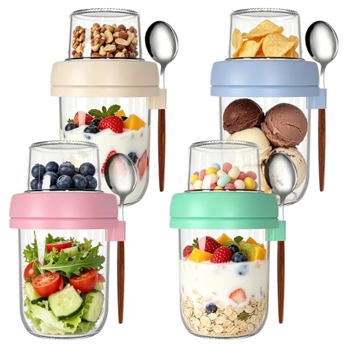 CEWROM Zestaw 4 kubków na musli na wynos, słoiki owsiane 480 ml z pokrywką, podwójne ścianki szklane z pokrywką, kubki na jogurt na wynos i na musli, nadają się do pracy, szkoły lub pikniku