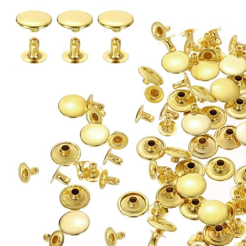 HARFINGTON 200 Sets Single Cap Rivets 10mm Carbon Steel Round Head Snaps Studs Fasteners Tubular Metal Studs for Leather Craft Repairs Decoration, Gold