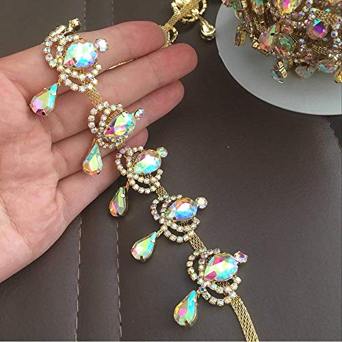 1 Yard Gold Rhinestone Fringe Chain Crystal Ab Trim, Bridal Applique Beaded Tassel (Crystal Ab - Gold Base) #TOP2