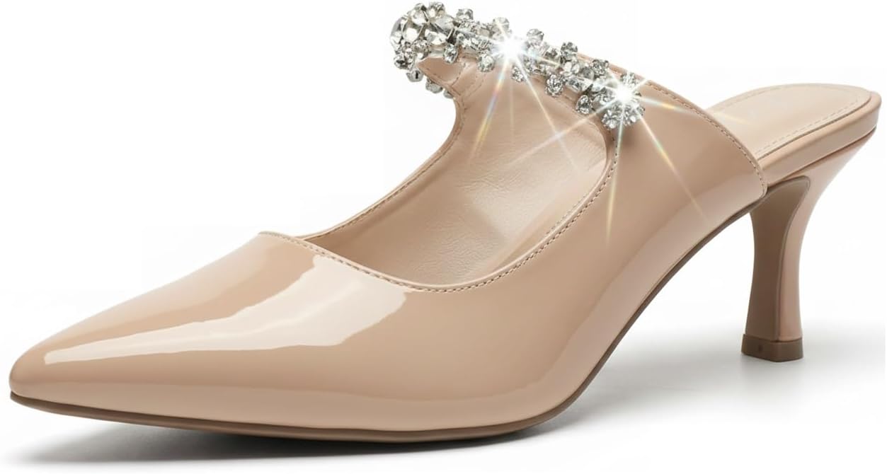 TruFox Women's Rhinestone Crystal Heeled Mules 2.25 Inch Kitten Heels Closed Toe Dress Formal Wedding Pump Slip-On Backless Pumps Pointy Toe