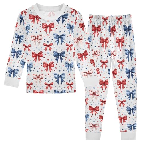 Cartoon Pajamas Set Bow with America Flag Stars Long Sleeve PJs Cotton Jammies Sleepwear Top and Pants Multicolor