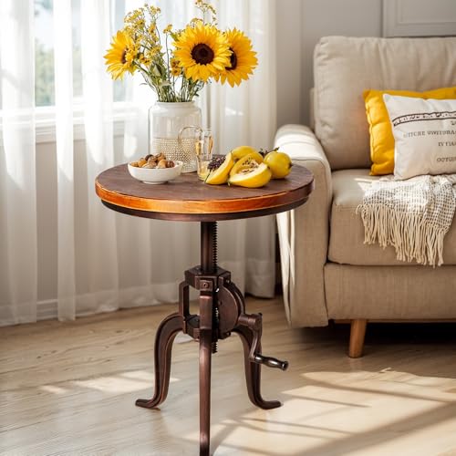 GWAREZ Industrial Iron Adjustable Crank Accent Table,Walnut Wood Top/Copper Home Decor Crank End Table