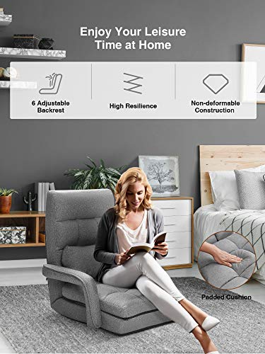 Kealive Floor Chair Indoor Adjustable 6-Position Chaise Lounge Folding Padded Gaming Chair Portable Lazy Sofa Lounger Bed with Armrests and a Massage Pillow (Gray)