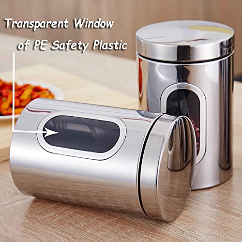 JENNIMER 3PC Kitchen Canisters Set Food Sugar Coffee Tea Candy Storage Jars Stainless Steel with Transparent Windows (Silver)