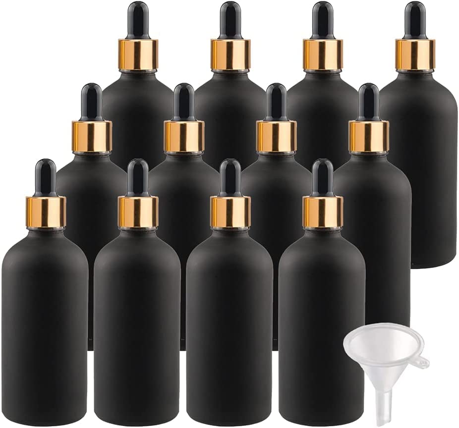 500 Stück 100ml Matt Schwarzglas Pipettenflasche, Leere Kleine Glasflasche mit Gold/Schwarz Pipette, Glaspipette Tropfflasche für ätherische Öle Aromatherapie