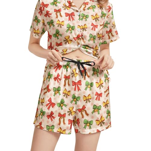 Image of Funny Satin Pajamas Set for Women Button Down Sleepwear Print Pjs Set 2 Piece Short Sleeve Loungewear Gift for Women