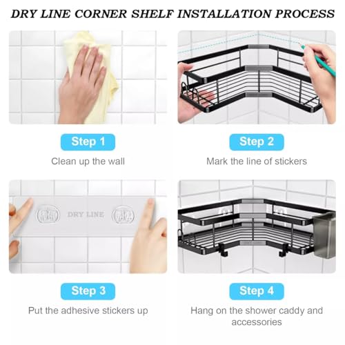 Image of DRY LINE Self Adhesive Corner Shelf for Bathroom Multipurpose wall Shelves for Kitchen /Home (Set of 2) with Magic Sticker No Drilling Rack Black Basic Organizer with Attachments