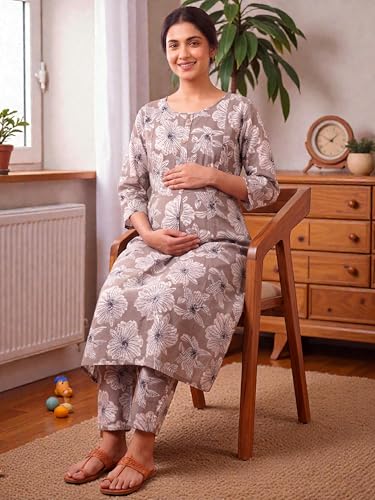 Image of RITIJYA Pure Cotton Feeding Kurta Pant Set for Women | Floral Anarkali Pregnancy Dress with Concealed Nursing Zipper Side Pocket | Pre & Post Partum | Maternity Dresses | Baby Shower Outfit