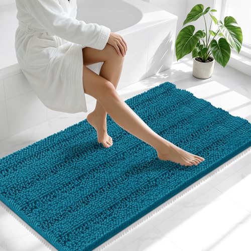 Image of Smiry Thick Chenille Bathroom Runner Rugs 47x24, Extra Absorbent Striped Bath Mat, Machine Washable, Rubber Backing, Long Bath Rugs for Tub & Shower, Modern Home Decor Accessories, Peacock Blue