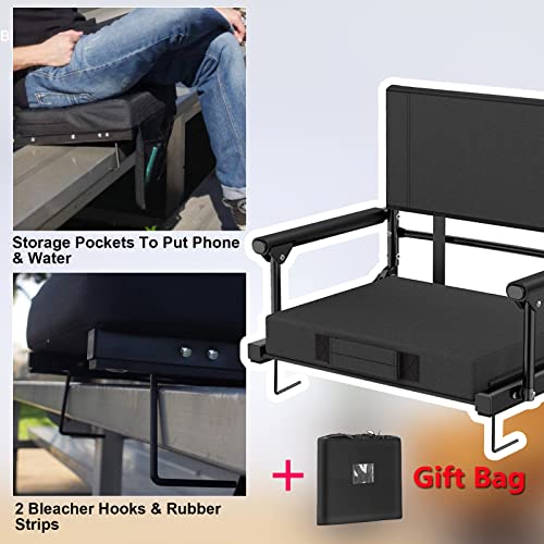 Stadium Seats for Bleachers with Back Support & Armrests, Foldable Stadium Chair with Removable Padded Comfy Foam Cushion, Lightweight Protable Bleacher Seat with Shoulder Strap (Black A, 1)