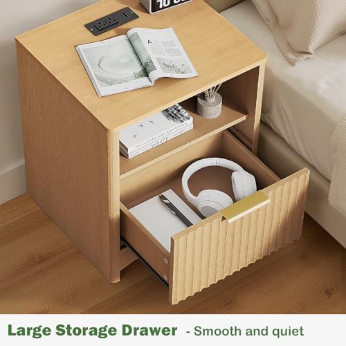 Image of Marsail Fluted Nightstand Set of 2, Wooden Nightstands with Drawers, Modern Bedside Table with Charging Station and Storage, End Table with Storage Side Table for Bedroom, Oak