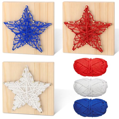 Threehoney 3 Set 4th of July String Art Craft DIY Patriotic Stars String Art Kit with 3 Colors Yarn Red White Blue 5 x 5 Inch Wooden Decoration for Memorial Day Independence Day Party Supplies