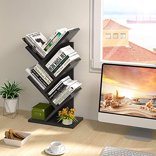 Topfurny Tree Bookshelf, 4-Tier Book Storage Organizer Shelves Floor Standing Bookcase, Wood Storage Rack For Office Home School Shelf Display For Cd/Magazine/Book -Black #TOP4