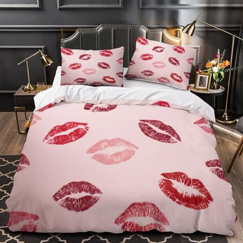 JQKZXNHPDR Lipstick Kisses Linge de Lit 3D Imprimée Microfibre Hypoallergique 3 Pièces Éclair Super Douce Romantic Parure de Lit Confortable Résistante for...