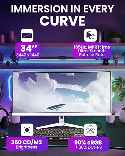 Image of Arozzi Curved Gaming Monitor Nova 34 inch VA 165Hz - Computer Monitor Ultrawide QHD 1440p - Adaptive Sync, HDR10 & Flicker Free Display - 90% sRGB Color Accuracy - PC & Console Ready - White