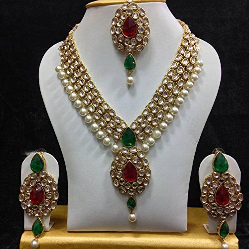 Kundan Pearl Necklace Set with Maang Tikka and Earring