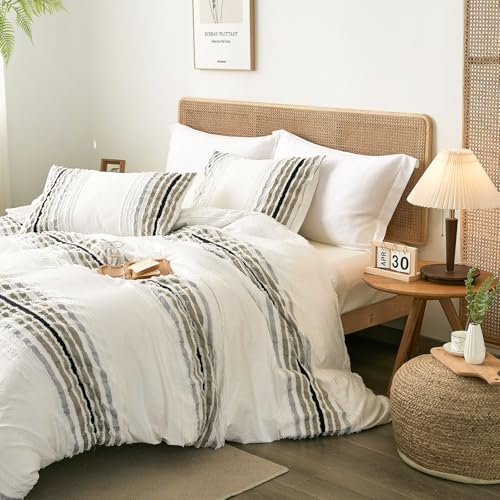 Image of Tufted Stripe Ombre King Size Duvet Cover with 2 Pillow Shams,No Comforter | Soft Brushed Microfiber, Button Closure, 4 Corner Ties, Jacquard Weave, All Seasons, White Ombre Duvet Cover King 104x90 in