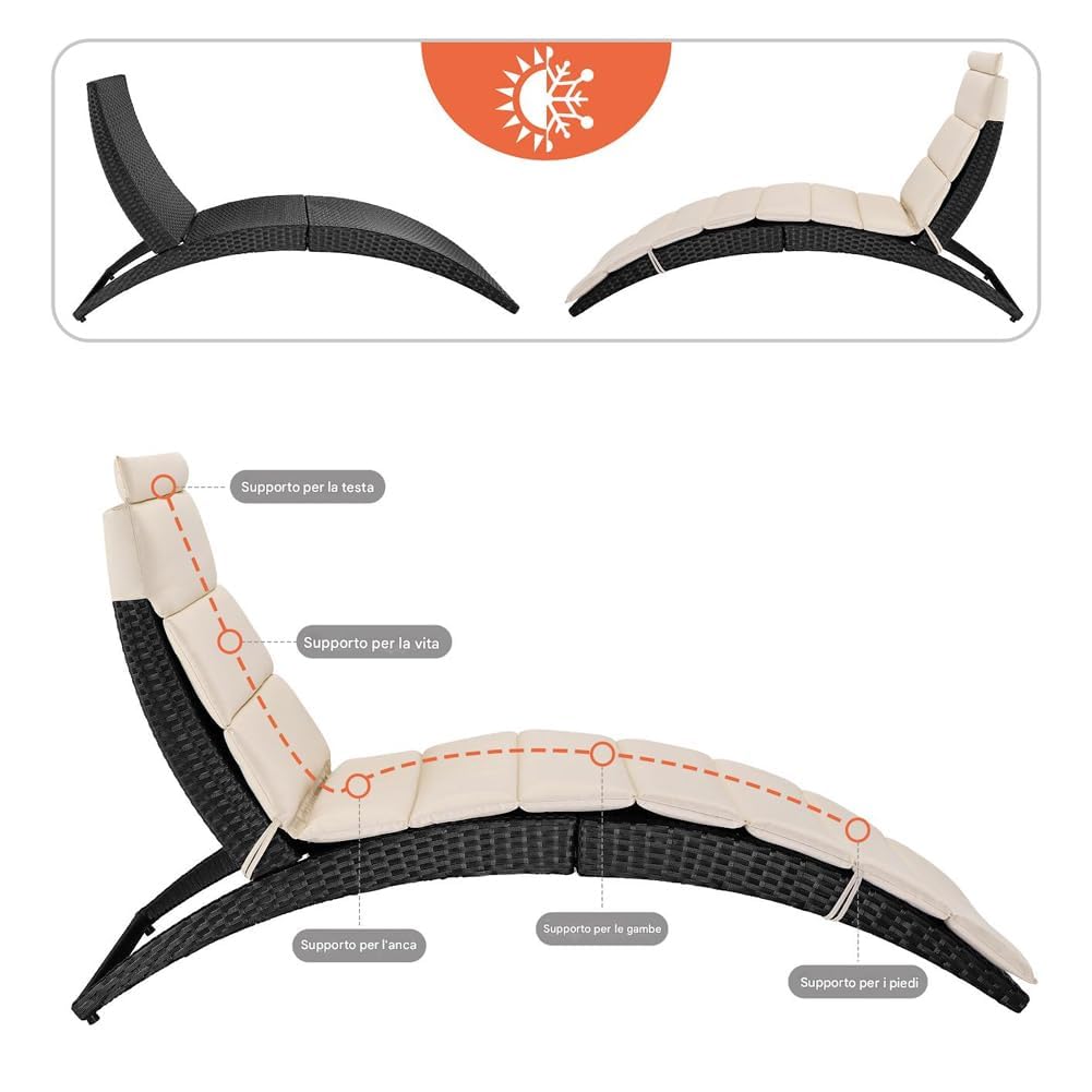 BAKAJI Lettino Sdraio Pieghevole in Rattan con Cuscino Rimovibile con Imbottitura ad Alta Densità, Letto Prendisole Salvaspazio Nero per Esterni, Giardino, Patio, Balcone, Ergonomico e Resistente