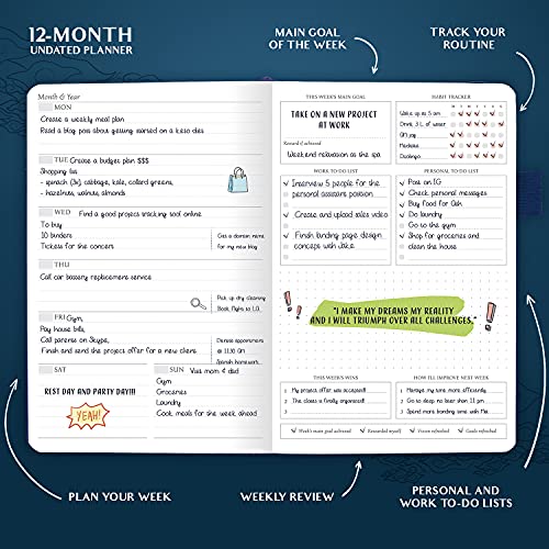 Legend Planner – Deluxe Weekly & Monthly Life Planner To Hit Your Goals & Live Happier. Organizer Notebook & Productivity Journal. A5 Hardcover, Undated – Start Any Time + Stickers – Mystic Blue #TOP2