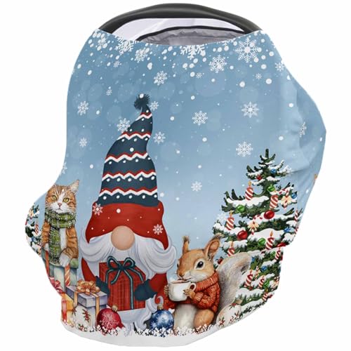 Nursing Cover for Breastfeeding Scarf, Merry Christmas Gnomes Xmas Tree Squirrel Cat Light Blue Baby Car Covers Super Soft Multi Use for Canopy Shopping Cart Cover Blanket Stroller Cover